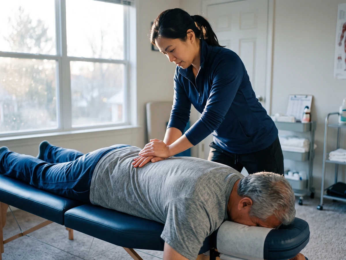 Therapist providing hands-on manual therapy to a senior patient