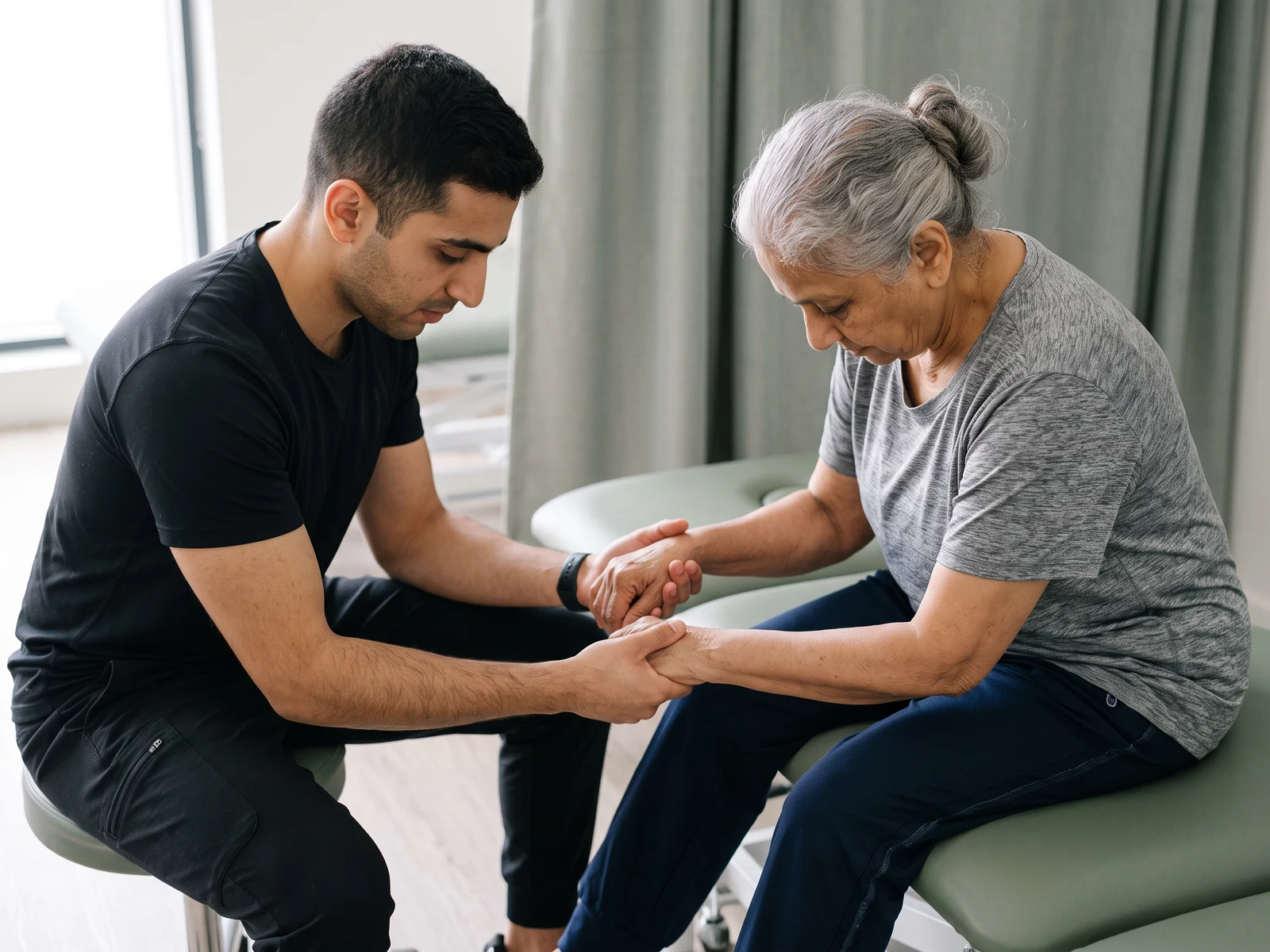 Therapist holding hands with a senior patient before a home visit